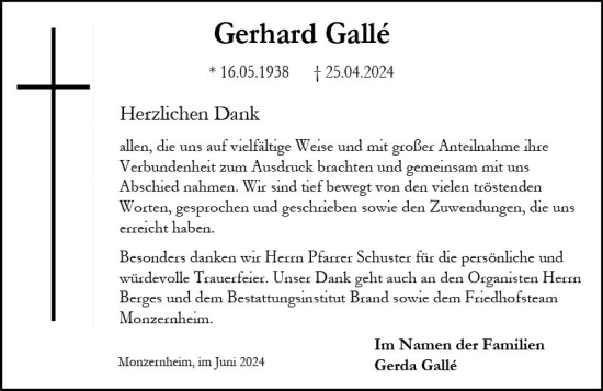 Traueranzeige von Gerhard Galle von Wormser Zeitung