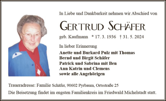 Traueranzeige von Gertrud Schäfer von Odenwälder Echo