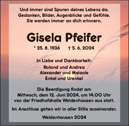 Traueranzeige von Gisela Pfeifer von Hinterländer Anzeiger