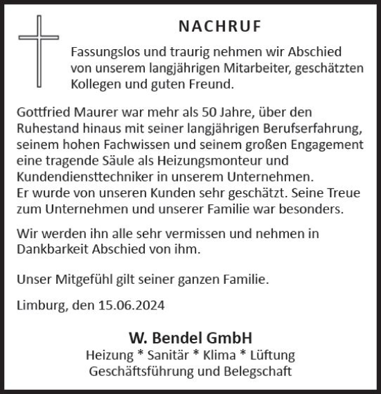 Traueranzeige von Gottfried Maurer von Nassauische Neue Presse