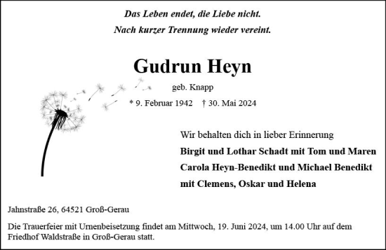 Traueranzeige von Gudrun Heyn von Groß-Gerauer Echo