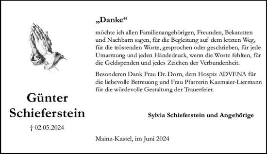 Traueranzeige von Günter Schieferstein von Allgemeine Zeitung Mainz
