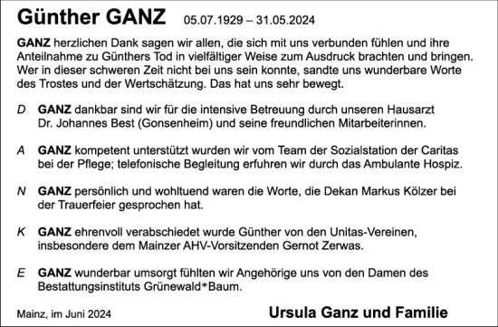 Traueranzeige von Günther Ganz von Allgemeine Zeitung Mainz