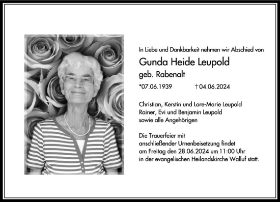 Traueranzeige von Gunda Heide Leupold von Wiesbadener Kurier