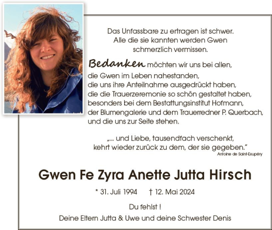 Traueranzeige von Gwen Hirsch von Darmstädter Echo