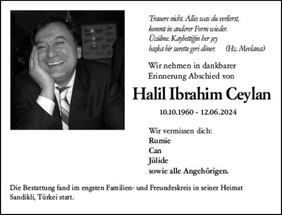 Traueranzeige von Halil Ibrahim Ceylan von Darmstädter Echo