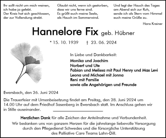 Traueranzeige von Hannelore Fix von Dill Block