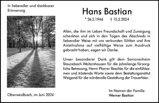 Traueranzeige von Hans Bastian von Hinterländer Anzeiger