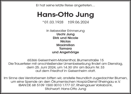 Traueranzeige von Hans-Otto Jung von Rheingau Kurier