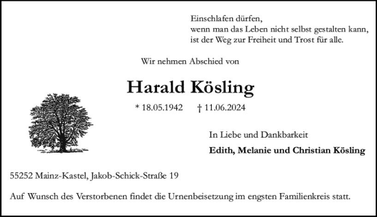 Traueranzeige von Harald Kösling von Wiesbadener Kurier