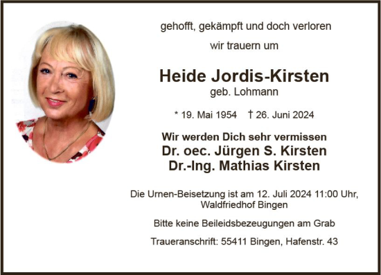 Traueranzeige von Heide Jordis-Kirsten von Wiesbadener Kurier