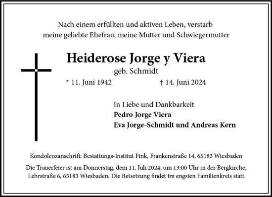 Traueranzeige von Heiderose Jorge y Viera von Wiesbadener Kurier