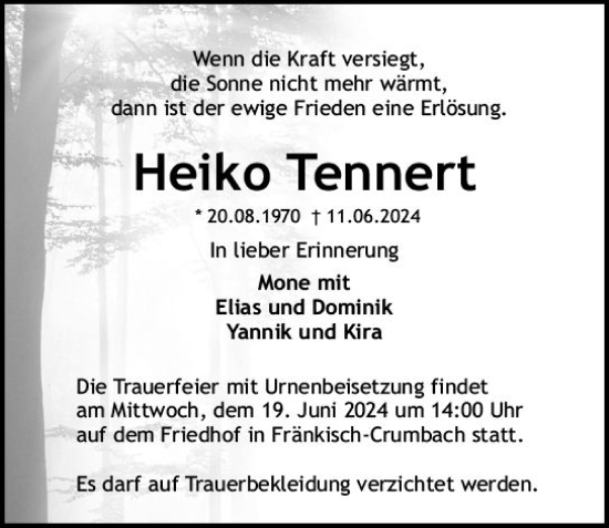Traueranzeige von Heiko Tennert von Odenwälder Echo
