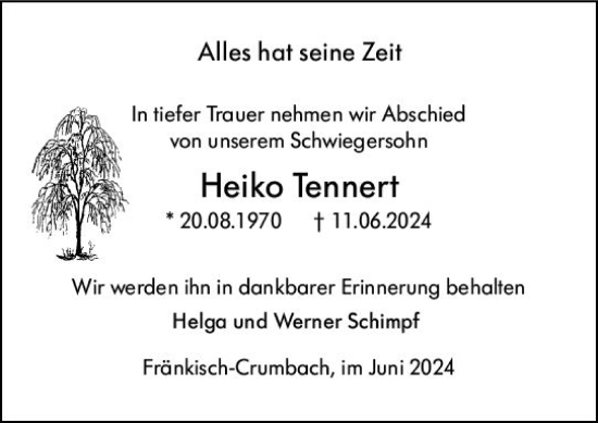 Traueranzeige von Heiko Tennert von Odenwälder Echo