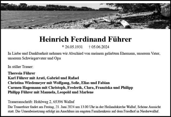 Traueranzeige von Heinrich  Führer von Rheingau Kurier