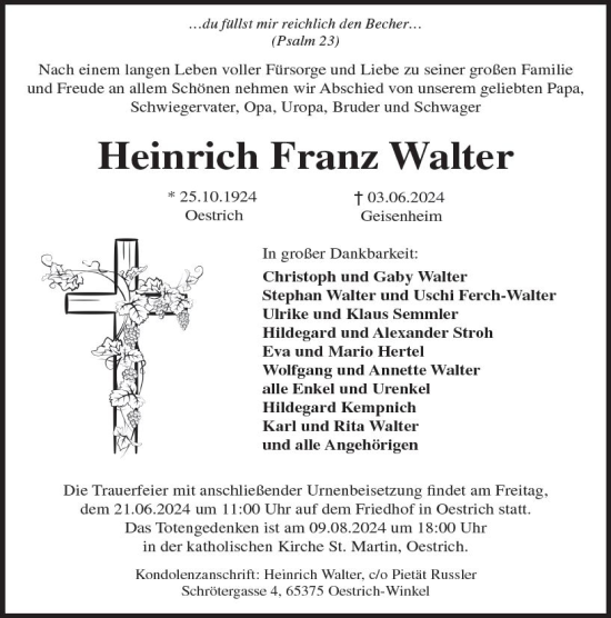 Traueranzeige von Heinrich Franz Walter von Wiesbadener Kurier