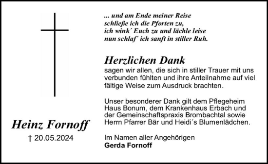 Traueranzeige von Heinz Fornoff von Odenwälder Echo