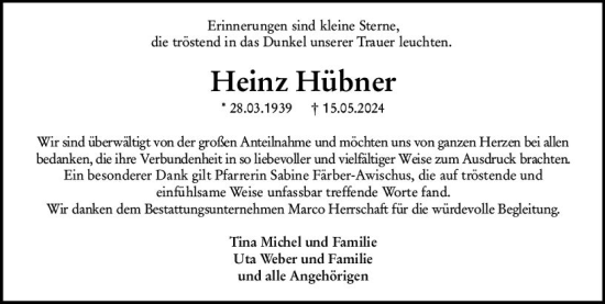Traueranzeige von Heinz Hübner von Odenwälder Echo