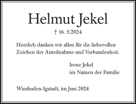 Traueranzeige von Helmut Jekel von Wiesbadener Kurier