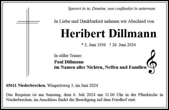 Traueranzeige von Heribert Dillmann von Nassauische Neue Presse