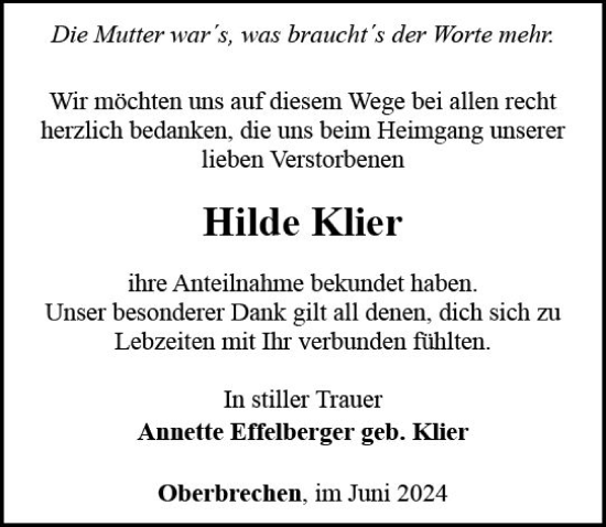 Traueranzeige von Hilde Klier von Camberger Anzeiger
