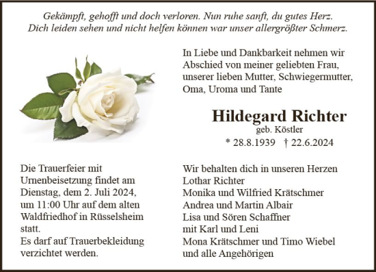 Traueranzeige von Hildegard Richter von Rüsselsheimer Echo