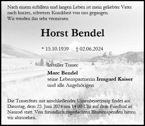 Traueranzeige von Horst Bendel von Wiesbadener Kurier