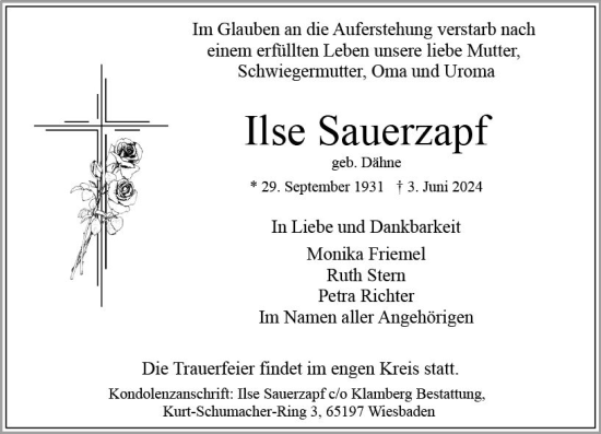 Traueranzeige von Ilse Sauerzapf von Wiesbadener Kurier