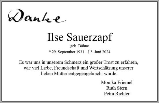 Traueranzeige von Ilse Sauerzapf von Wiesbadener Kurier