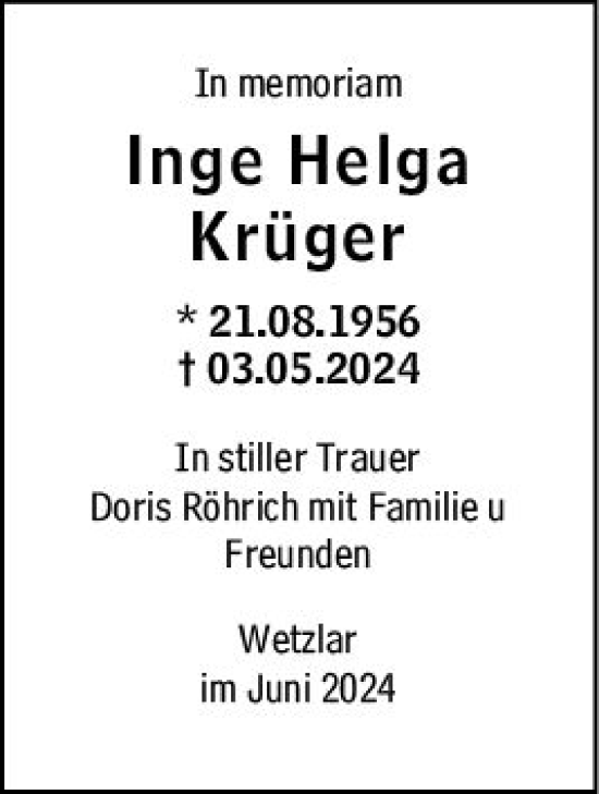 Traueranzeige von Inge Helga Krüger von Wetzlarer Neue Zeitung