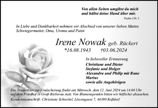 Traueranzeige von Irene Nowak von Darmstädter Echo