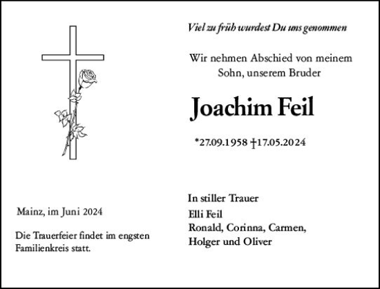 Traueranzeige von Joachim Feil von Allgemeine Zeitung Mainz