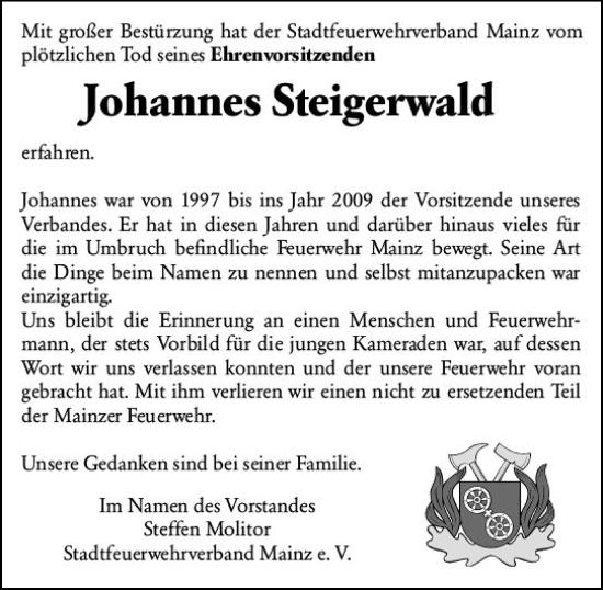Traueranzeige von Johannes Steigerwald von Allgemeine Zeitung Mainz