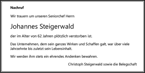 Traueranzeige von Johannes Steigerwald von Allgemeine Zeitung Mainz