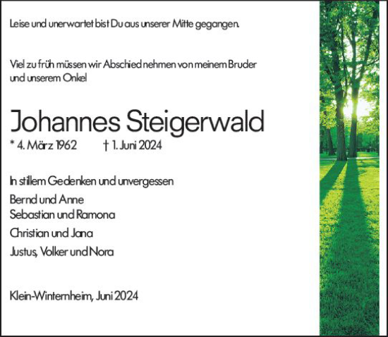 Traueranzeige von Johannes Steigerwald von Allgemeine Zeitung Mainz