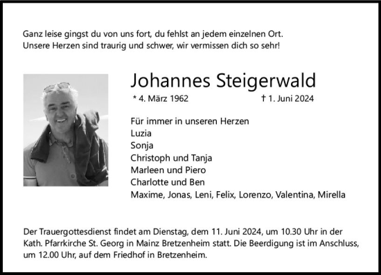 Traueranzeige von Johannes Steigerwald von Allgemeine Zeitung Mainz