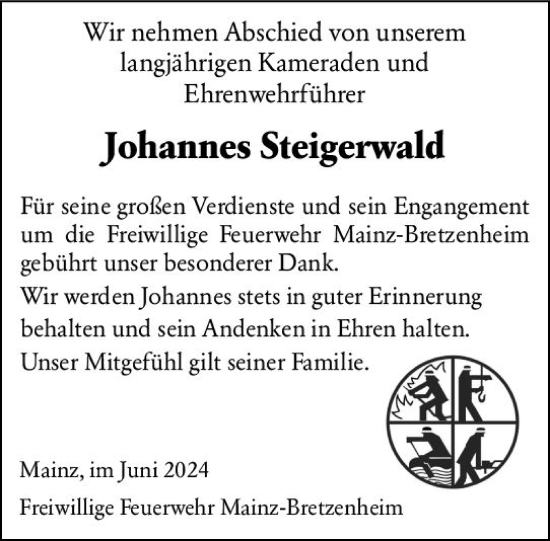 Traueranzeige von Johannes Steigerwald von Allgemeine Zeitung Mainz