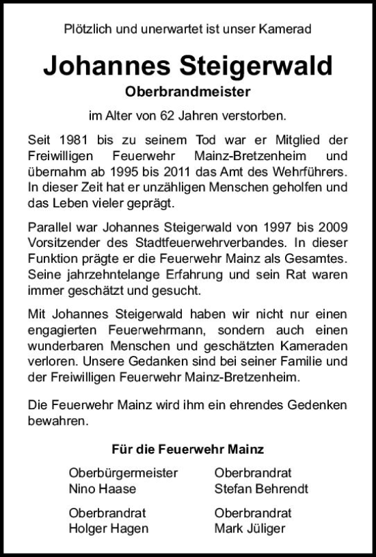 Traueranzeige von Johannes Steigerwald von Allgemeine Zeitung Mainz