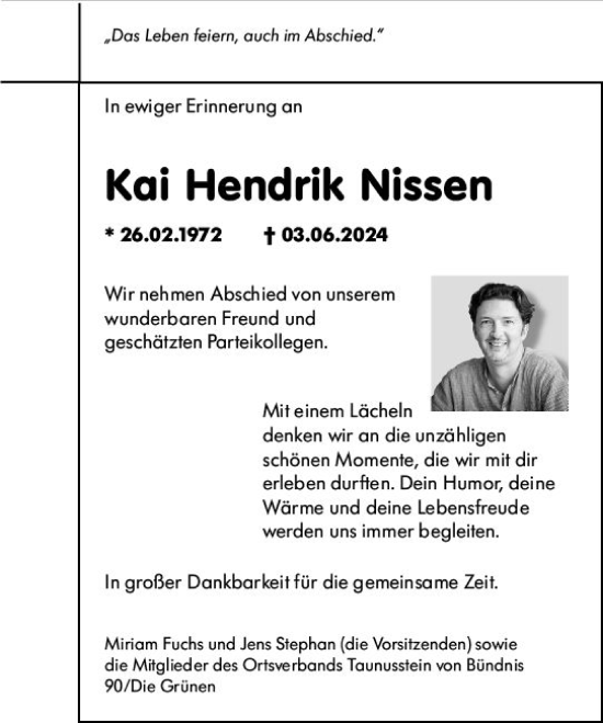 Traueranzeige von Kai Hendrik Nissen von Wiesbadener Kurier