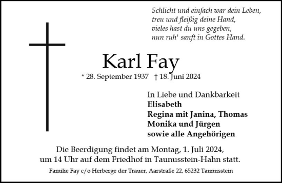 Traueranzeige von Karl Fay von Idsteiner Land/Untertaunus