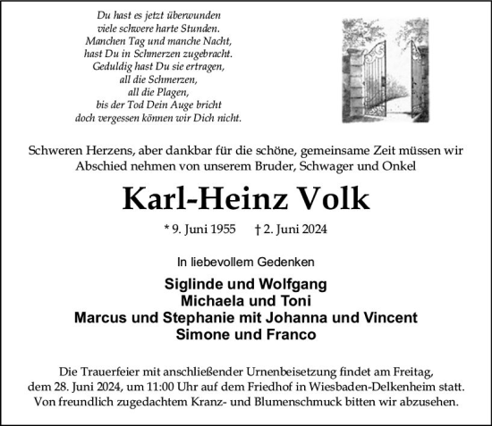 Traueranzeige von Karl-Heinz Volk von Wiesbadener Kurier