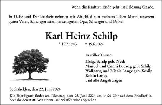 Traueranzeige von Karl Heinz Schilp von Dill Block