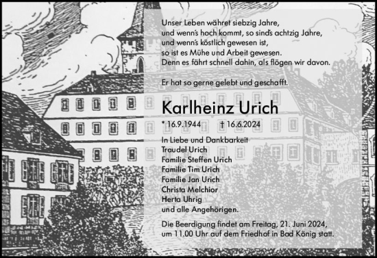 Traueranzeige von Karlheinz Urich von Odenwälder Echo
