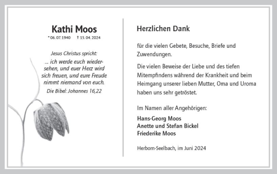 Traueranzeige von Kathi Moos von Dill Block