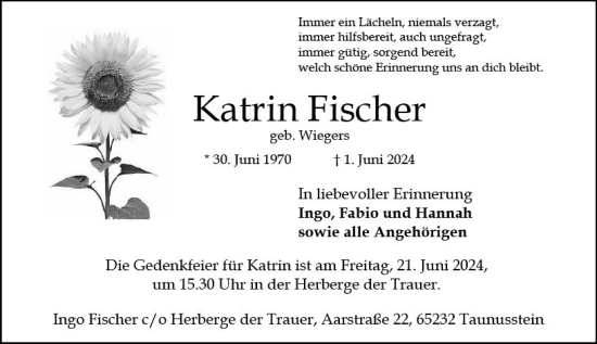 Traueranzeige von Katrin Fischer von Wiesbadener Kurier