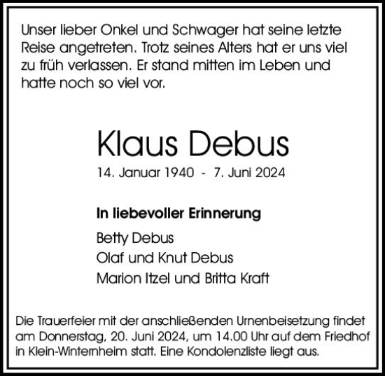 Traueranzeige von Klaus Debus von Allgemeine Zeitung Mainz