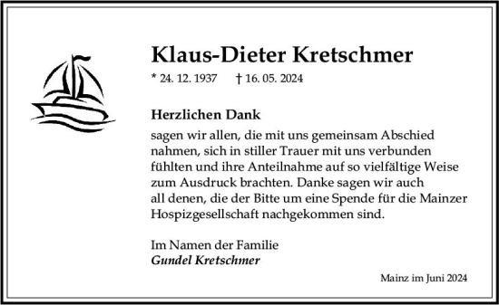 Traueranzeige von Klaus-Dieter Kretschmer von Allgemeine Zeitung Mainz