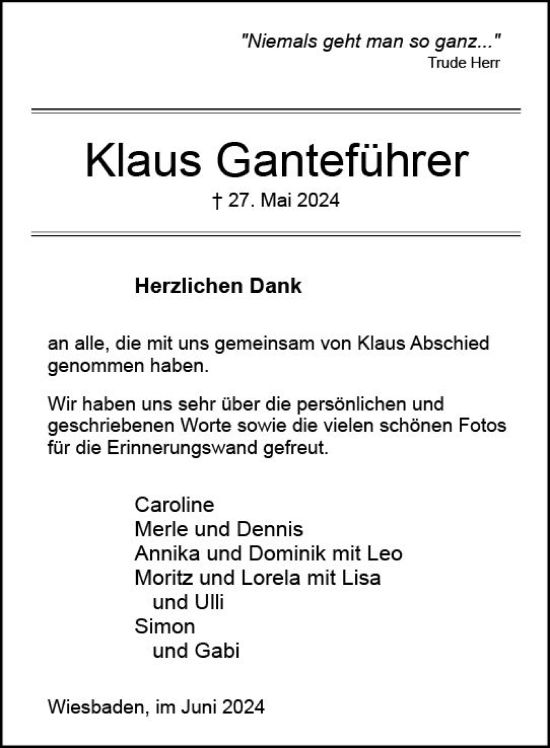 Traueranzeige von Klaus Ganteführer von Wiesbadener Kurier