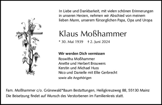 Traueranzeige von Klaus Moßhammer von Allgemeine Zeitung Mainz