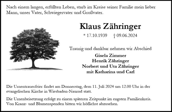 Traueranzeige von Klaus Zähringer von Wiesbadener Kurier
